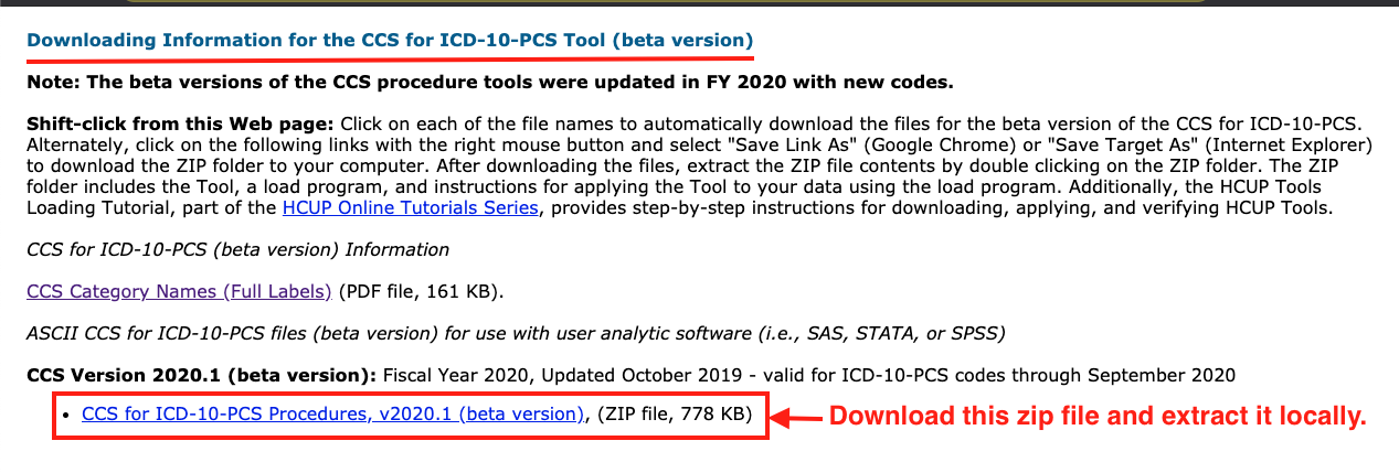 Snapshot showing the link to download the zip file that contains the CCS ICD10-PCS Category Mapping File
